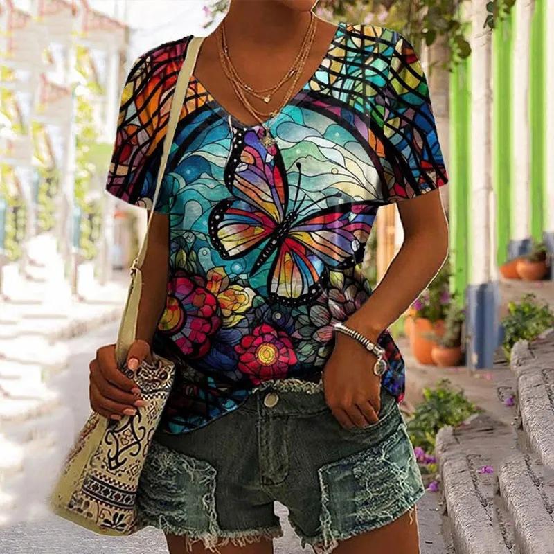 Summer V-neck 3D Flower Butterfly Printed Top Fashionable Casual Short Sleeved Women's T-shirts