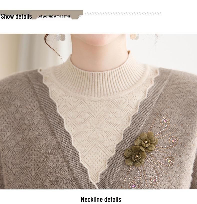 Women's Winter Knit Sweater with Fleece Lining, Faux Two-Piece, Thickened & Warm