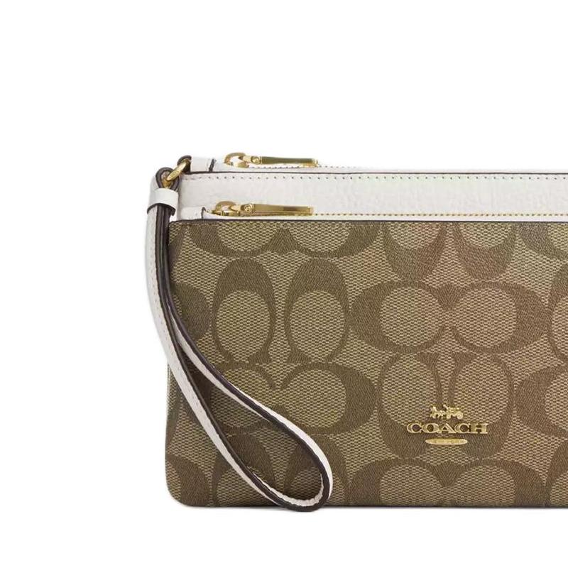 Coach Wallet Double Zip 20 Classic Presbyopia Metal Logo Signature Coated Canvas and Fine Pebbled Leather Clutch Regular Women's Gold with Khaki
