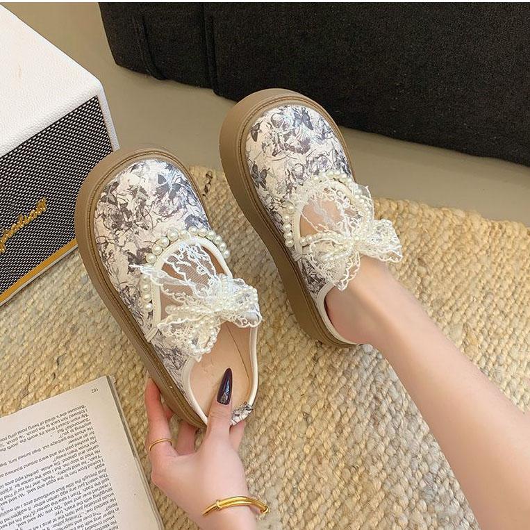 Выход Ленивый Баотоу Полушлепки 2025 Весна и Лето Новые Милое Кружево Расшитый бисером Увеличивающий рост Прохладные Шлепки 35 грязно-белый