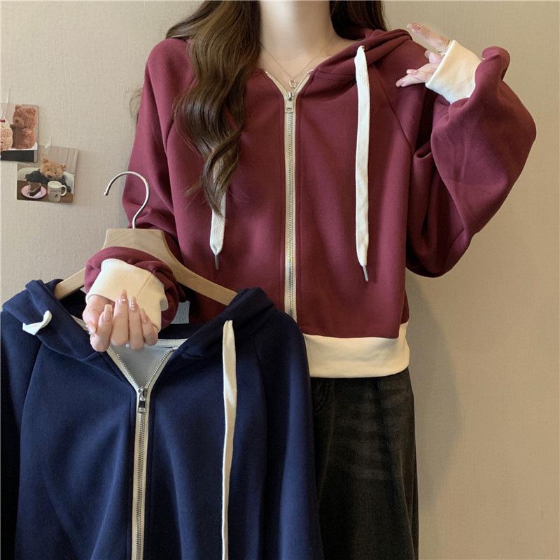 Korean Color Block Women's Hoodie Jacket - Autumn 2023, Short Drawstring, Zipper, Long Sleeve