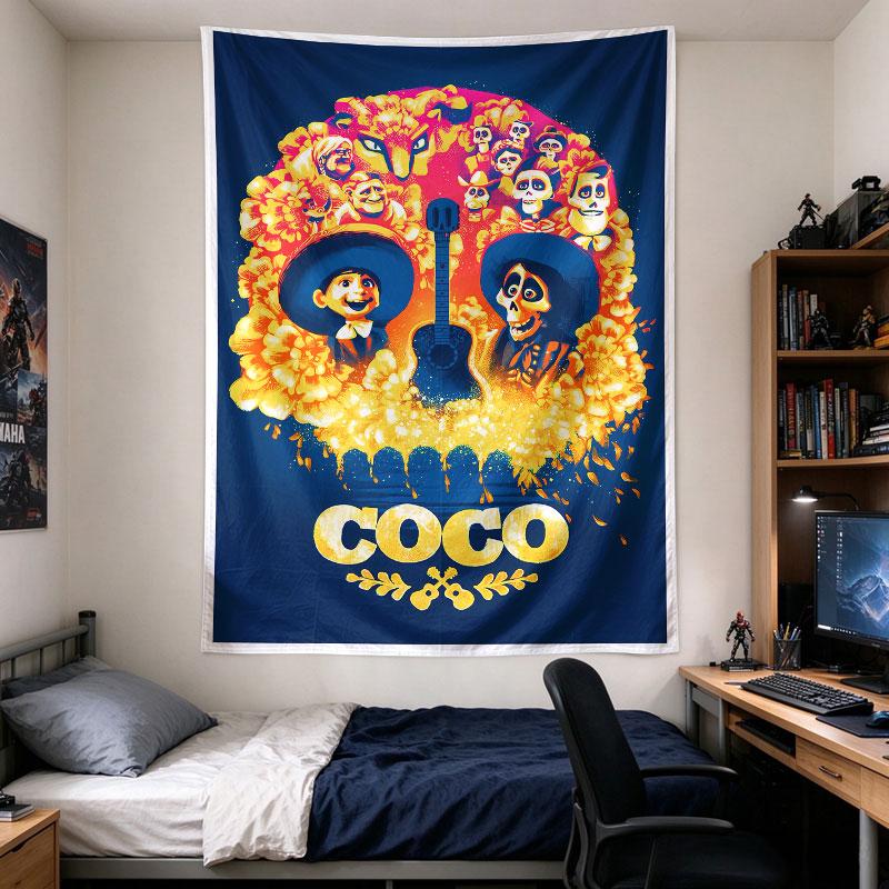 Coco marigold-petal skull arch framing Miguel and a guitar-strumming skeleton, deep navy and glowing orange Day of the Dead art, Tapestry
