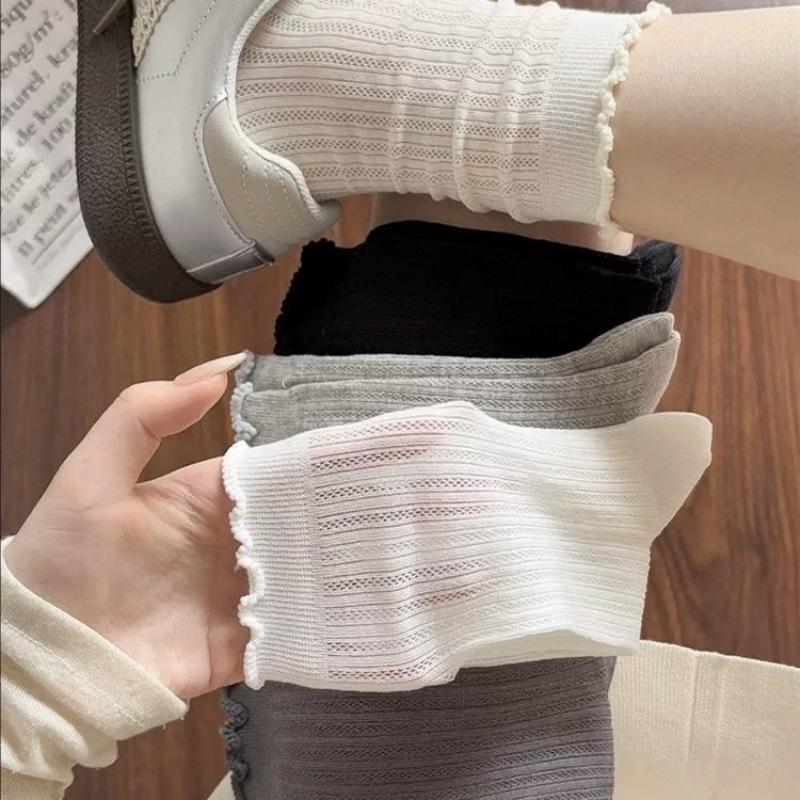 Ballet Style Stacked Socks Mid-Leg Socks Pure Cotton Summer Thin Hollow Mesh Lace Stockings With Small Sandals