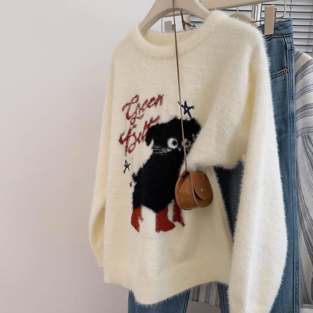 Svetr z žakárového norkového sametu v kolejním stylu Podzim Zima Nový Dámský Korejský Volný Spodní Díl