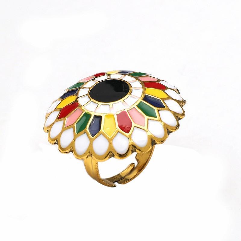 Bohemian Retro Geometric Hollow Drip Glaze Colorful Alloy Ring