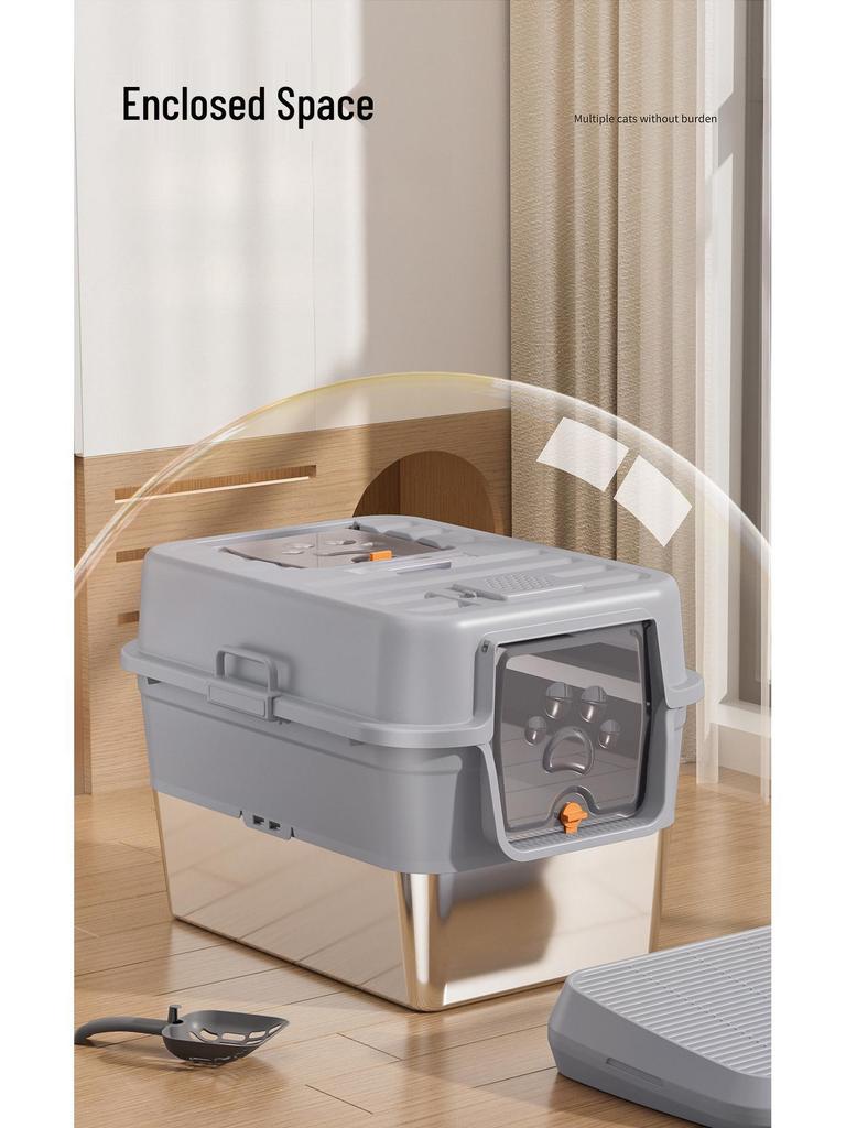 Odor-Proof Stainless Steel Enclosed Cat Litter Box with Anti-Splash Top Entry