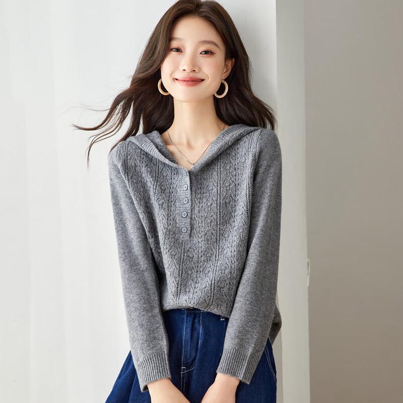 Srcr Women's 100% Wool Hollow Hooded Knit Sweater