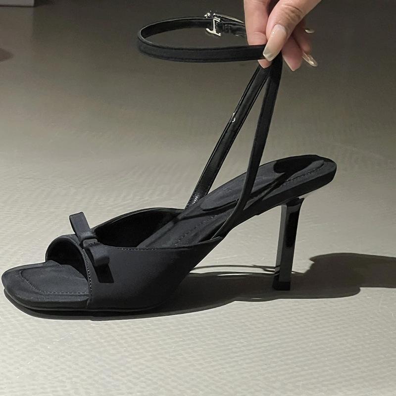 Fashion Black High Heels Ladies Summer 2025 Bow Stiletto Premium French High Heel Sandals