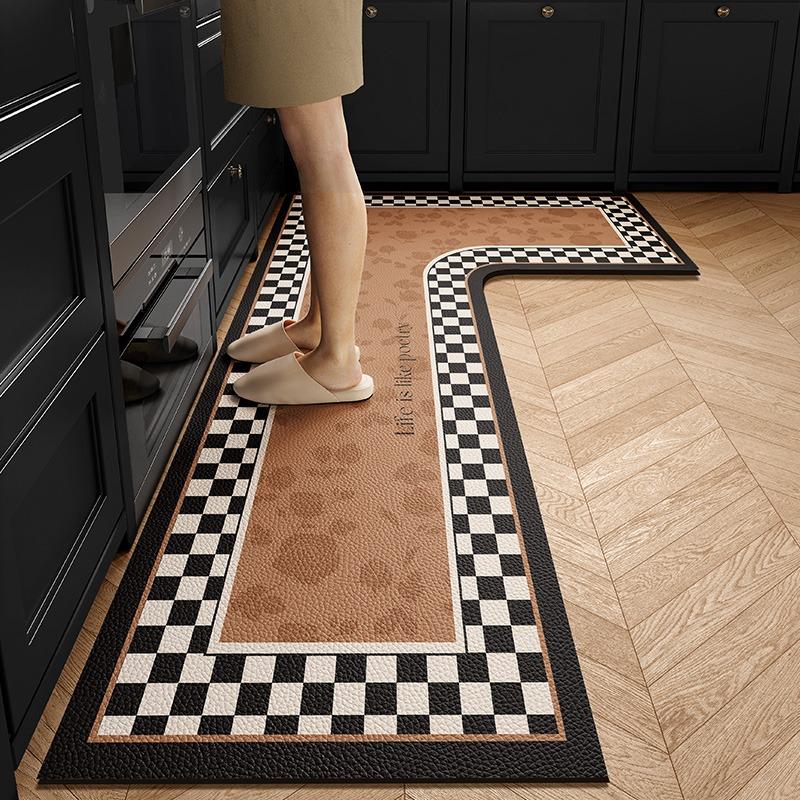 Kitchen Floor Mat PVC Waterproof Non-slip Carpet L Shape Brown Leather Foot Mat Floral Rug Texture Home Decorative Carpets