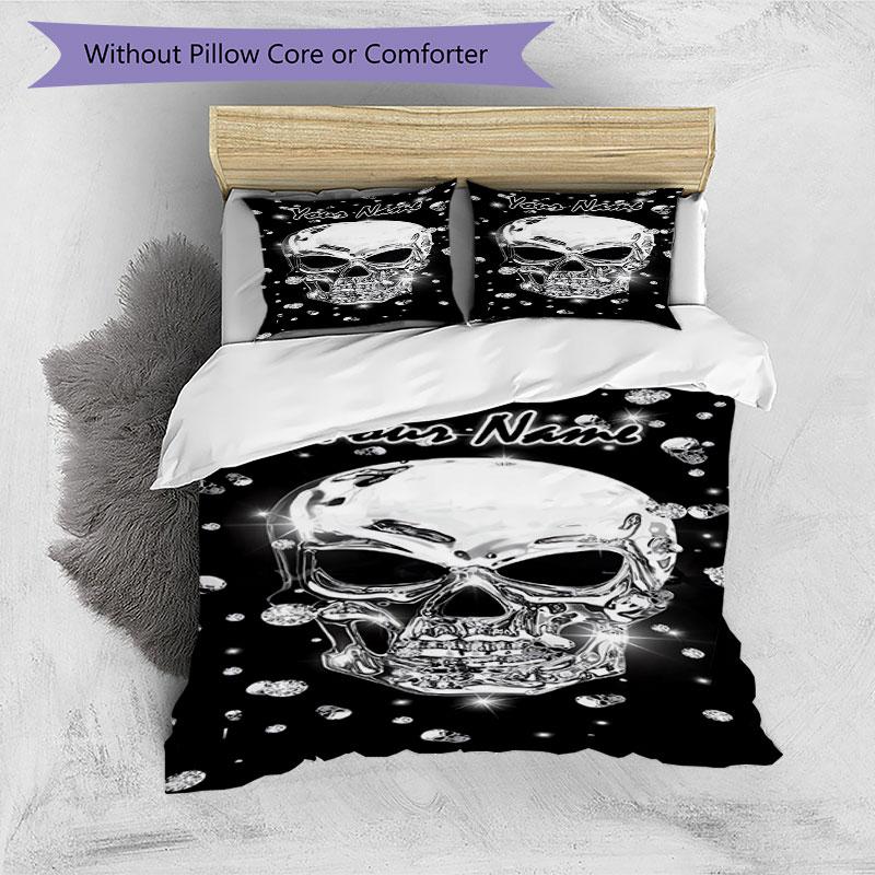 3pcs Custom Name Crystal Skull Sparkle Artwork Bedding Set Printed Bedding Set Duvet Cover Closure Includes 1 Duvet Cover & 2 Pillowcases Bedroom Deco