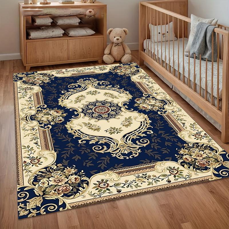 European Vintage Blue Rugs Bedroom Decor Home Carpets for Living Room Gold Flower Pattern Carpet Elegant Navy Floor Mat Gift Rug