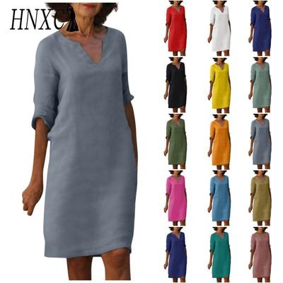 Damen Sommer Einfarbig Baumwolle Leinen Retro V-Ausschnitt Kurzarm Kleid Leichtes Atmungsaktives Kleid
