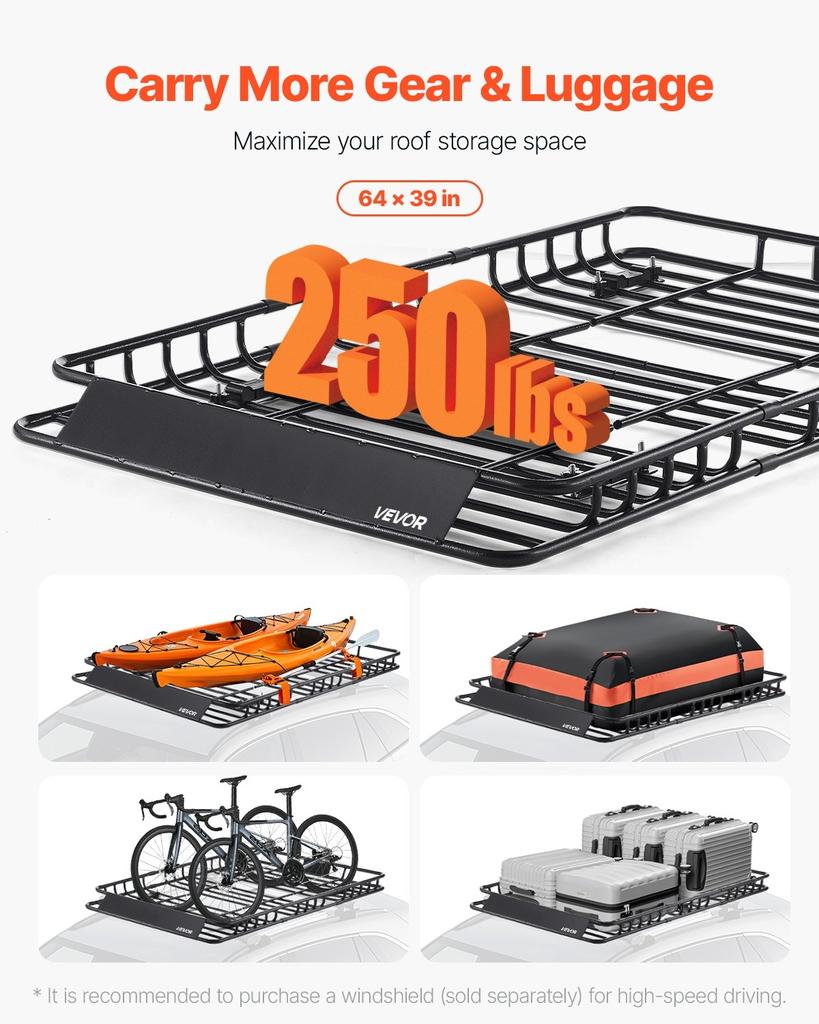 Roof Rack Basket, 1625 x 990 x 105 mm, Universal Rooftop Cargo Carrier with 1120 x 870 x 260 mm Cargo Bag, Net, Ratchet Straps, 113.4 kg Max Load