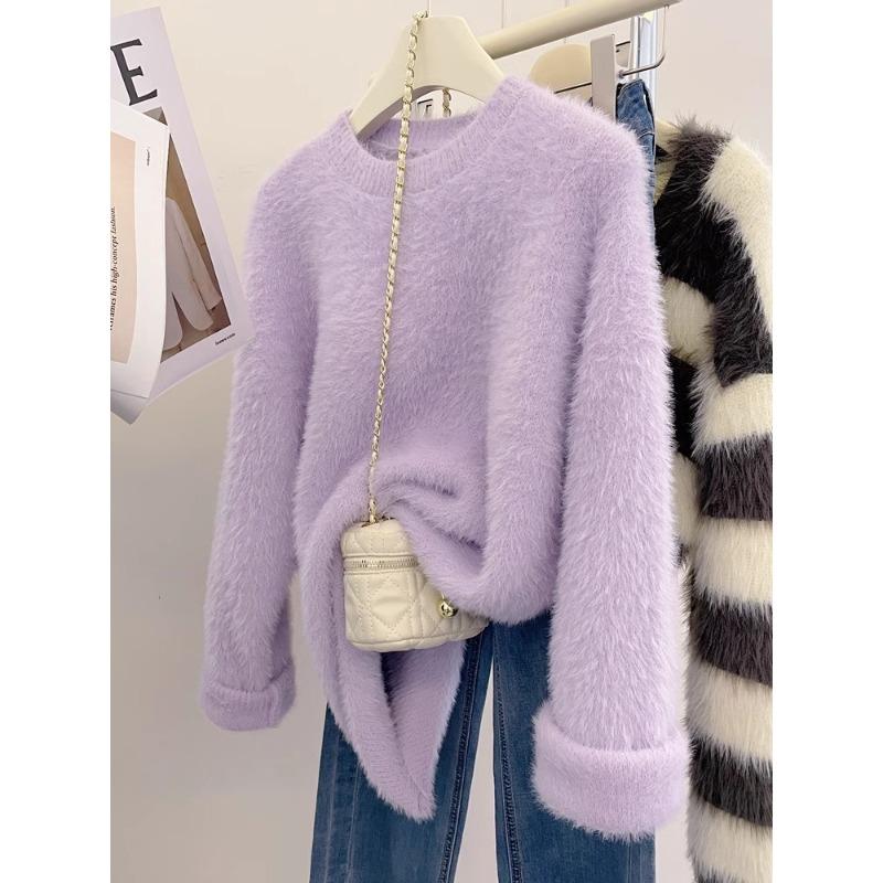 

Taro purple mink fleece crew neck sweater women s clothing winter thickened lazy soft waxy knitted sweater top tide one size fits all фіолетовий