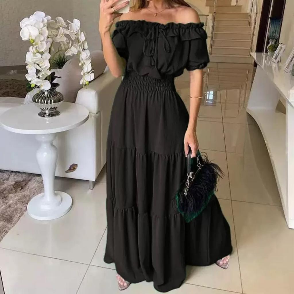 LYRIA Solid Boho Dress Women Fashion Elegant Beach Party Dress Casual Slash Neck Office Maxi Dresses For Woman Robe Femme
