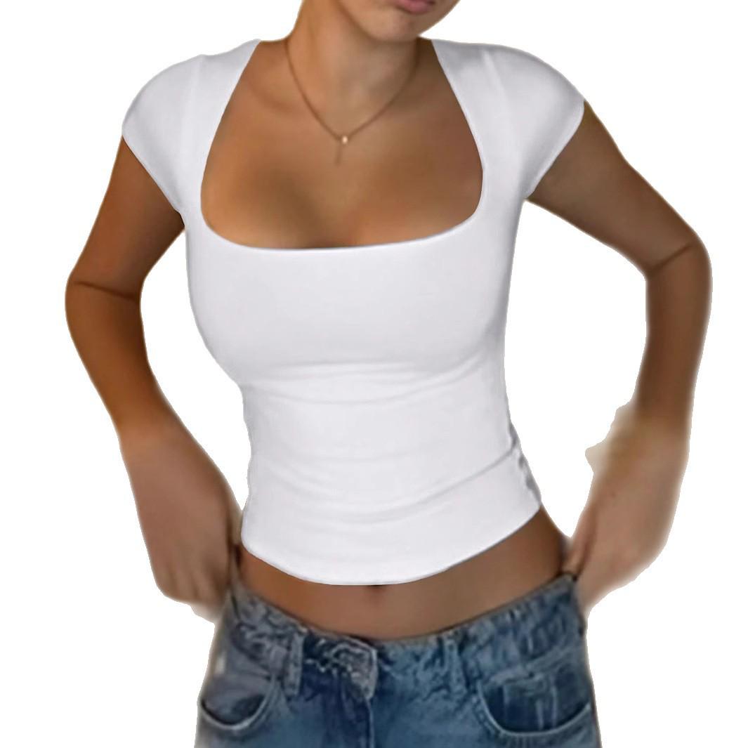 2025 Summer Cross-border Slimming U-neck Crop Top for Women - Short Sleeve Fit M белый