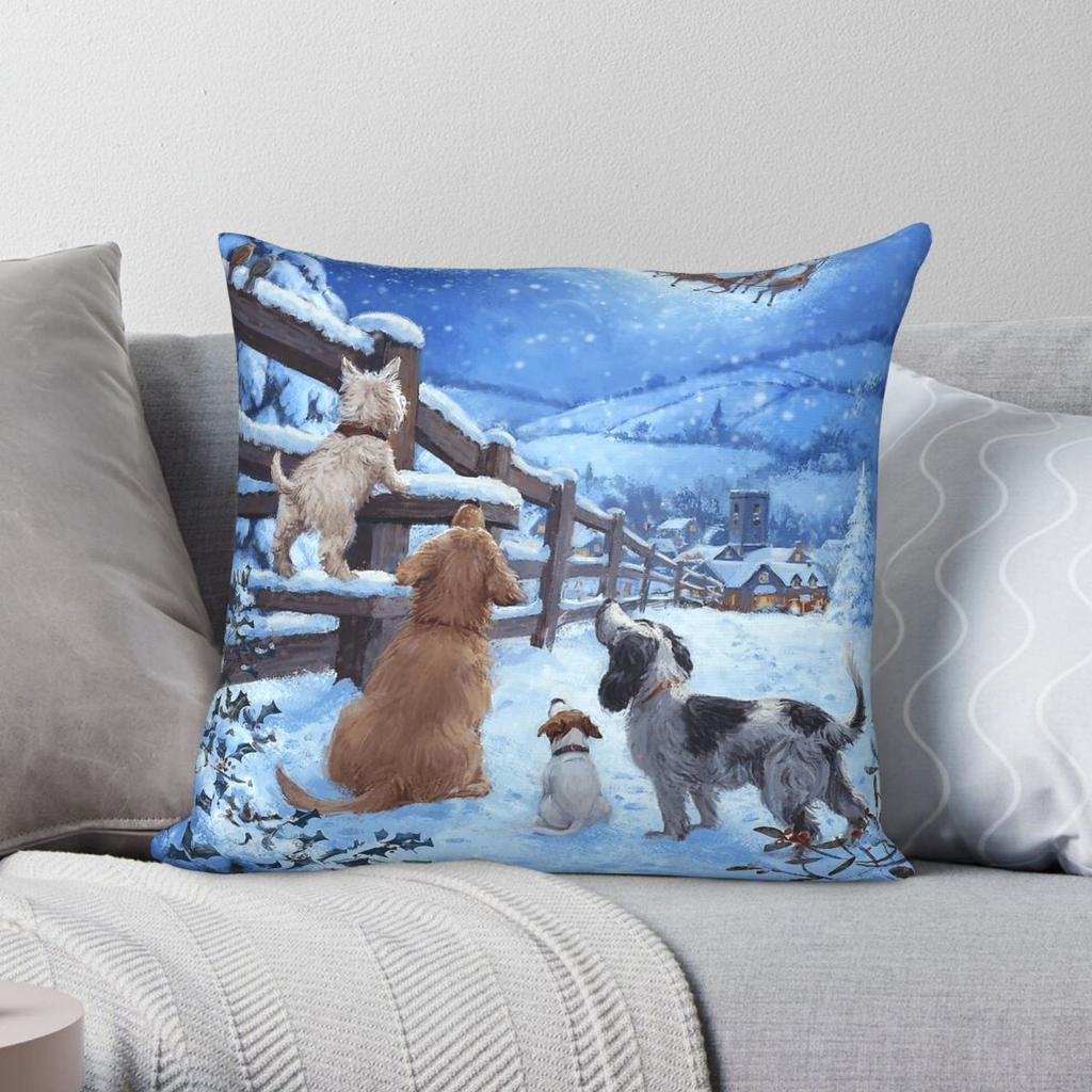 Dogs Watching Santa Fly Overhead Square Pillowcase Polyester Linen Velvet Creative Zip Decor Pillow Case Sofa Cushion Cover