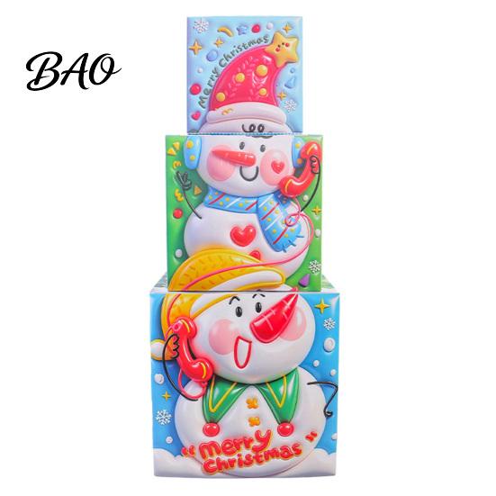 Plastic Festive Storage Bins 3Pcs Christmas Stackable Gift Box, Layered Cube Boxes with Santa Holiday Containers Snowman Reindeer, Tabletop