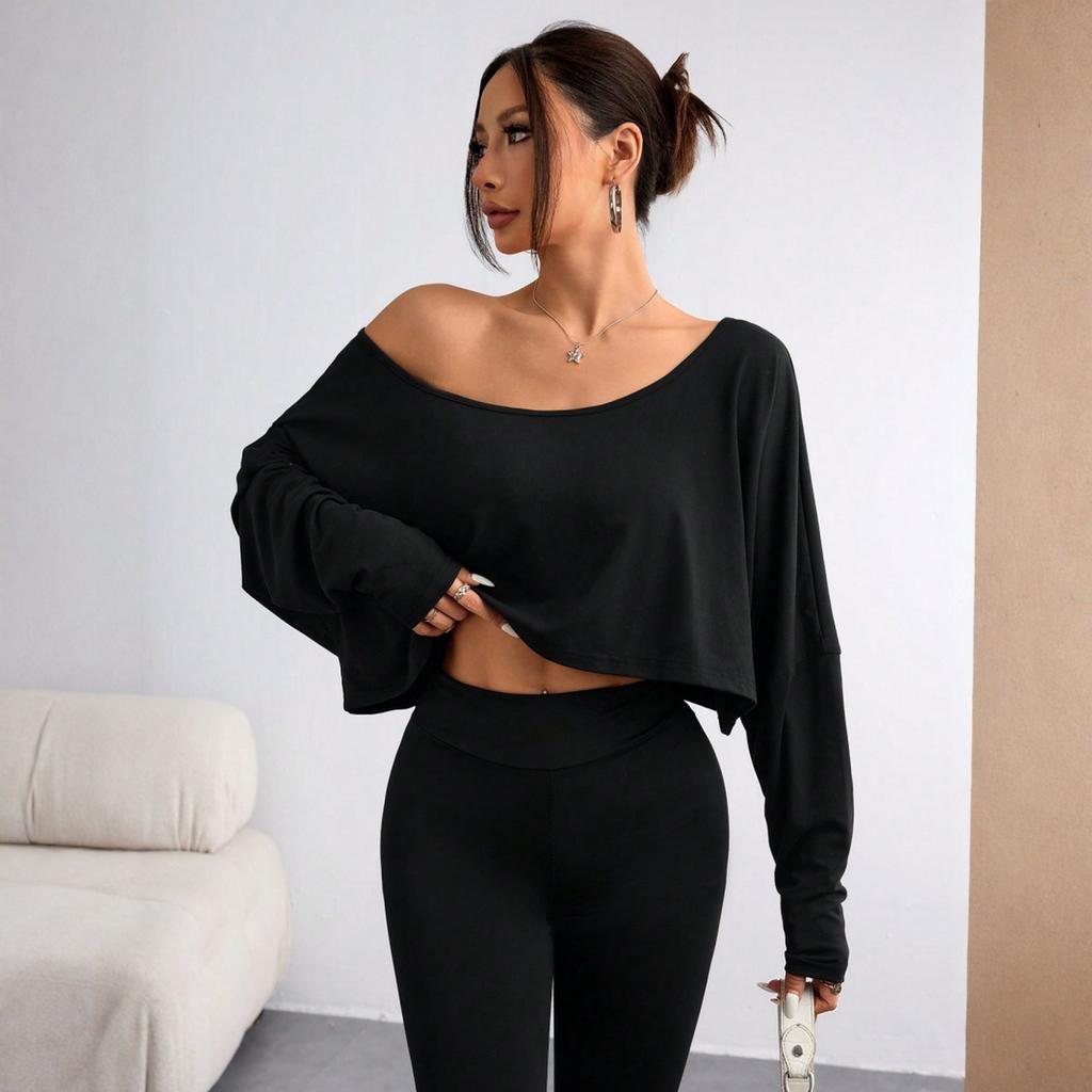 Damen Lässiges Mode Off-Shoulder Kurz Farbe Langärmeliges Oberteil