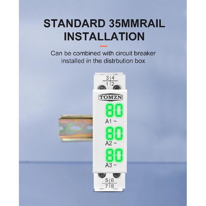 TOMZN DIN Rail 18mm Apmere Meter AC 100A 220V 380V Three Phase Modular Ammeter Indicator LED Digital Display Detector Witch CT