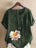 Damenmode Blume Biene Print Rundhals Kurzarm T-Shirt Lässig Baumwolle Leinen Grafikshirt Freizeit Locker Sommer Bluse Oberteile