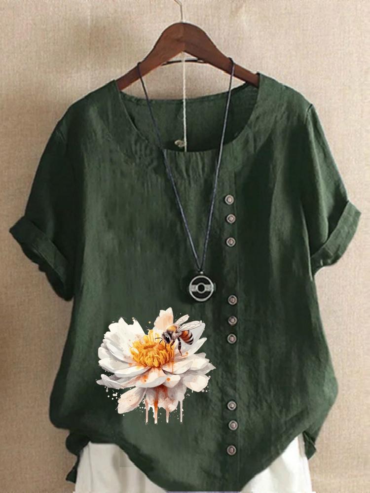 Damenmode Blume Biene Print Rundhals Kurzarm T-Shirt Lässig Baumwolle Leinen Grafikshirt Freizeit Locker Sommer Bluse Oberteile