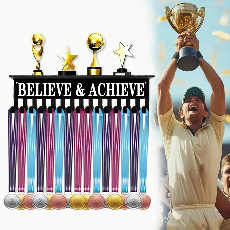 Metal Wall-Mounted Trophy & Medal Display Rack With "Believe Achieve" Motivational Sign Multi-Hook For Awards, Keys, Ribbons