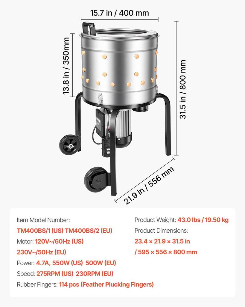 Chicken Plucker Machine, 400mm Drum, 500W & 230RPM Electric Chicken Plucking Machine with 114 Soft Fingers & Transport Wheels, Stainless Steel Feather