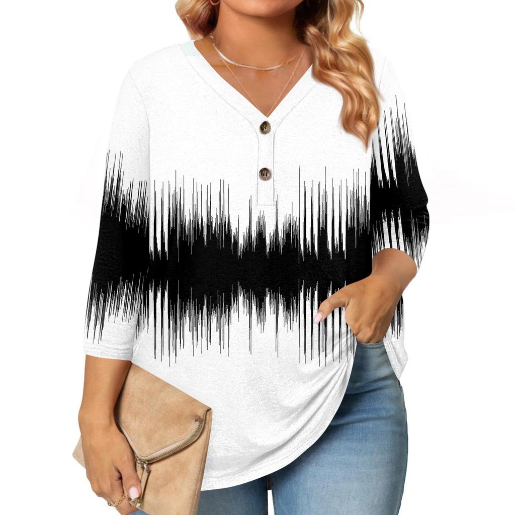 Womens 3/4 Length Sleeve Tops Plus Size Button Down V Neck Shirts Blouses Casual Printing Loose