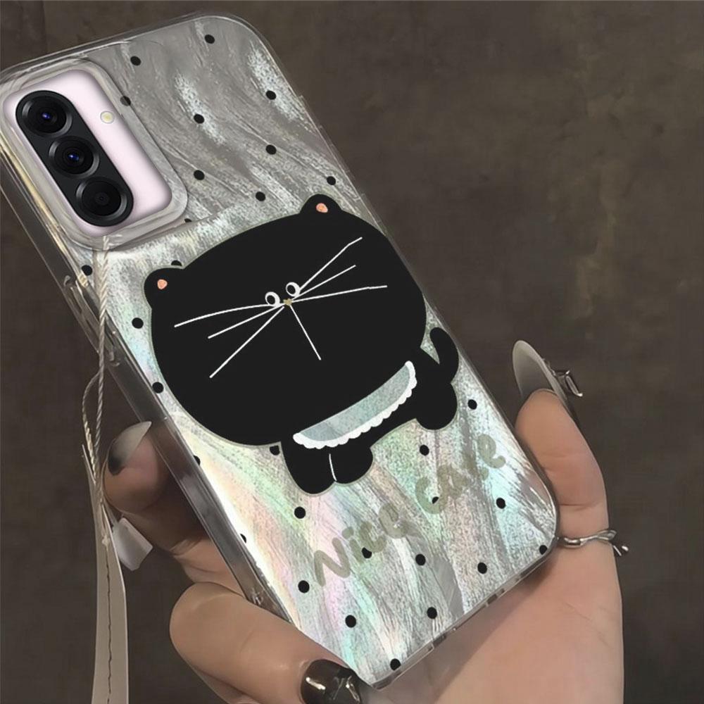 Etui na telefon z okrągłymi kropkami i czarnym kotem z dużą głową dla Samsunga Galaxy A55 A56 A36 A26 A16 A53 A06 A14 A24 A34 A54 A15 A25 A35