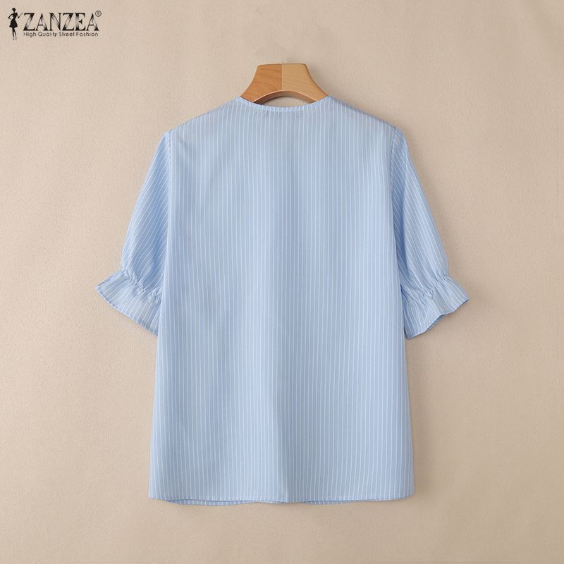 ZANZEA Dam Casual Rund Hals Lös Kortärmad Randig Blus