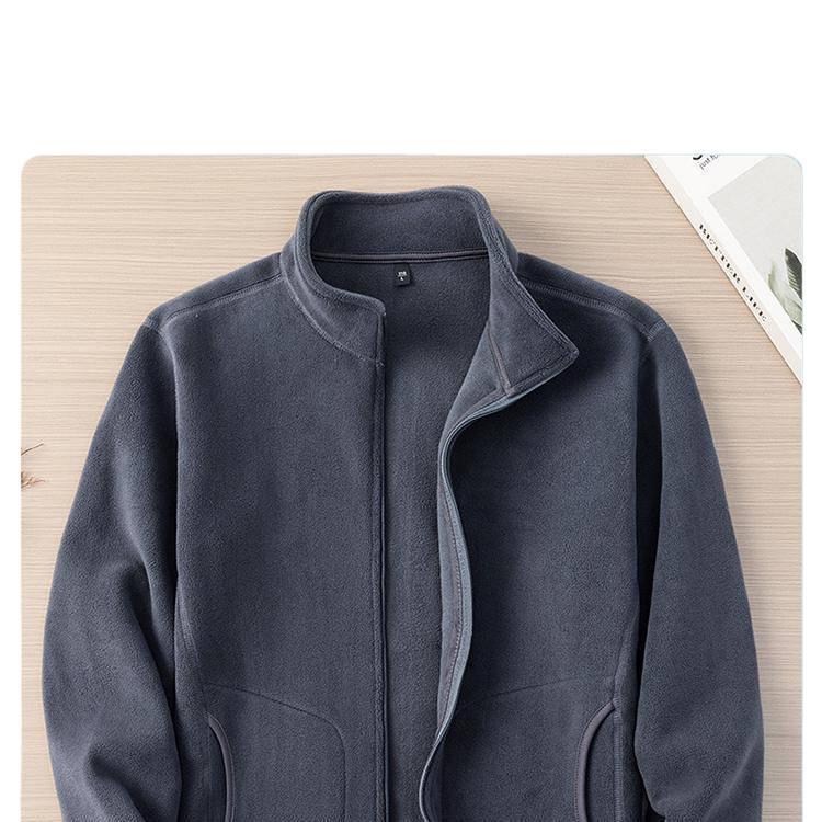 Hengyuanxiang Men's Thick Fleece Zip-Up Cardigan Jacket, Solid Color, Stand Collar, Autumn-Winter.