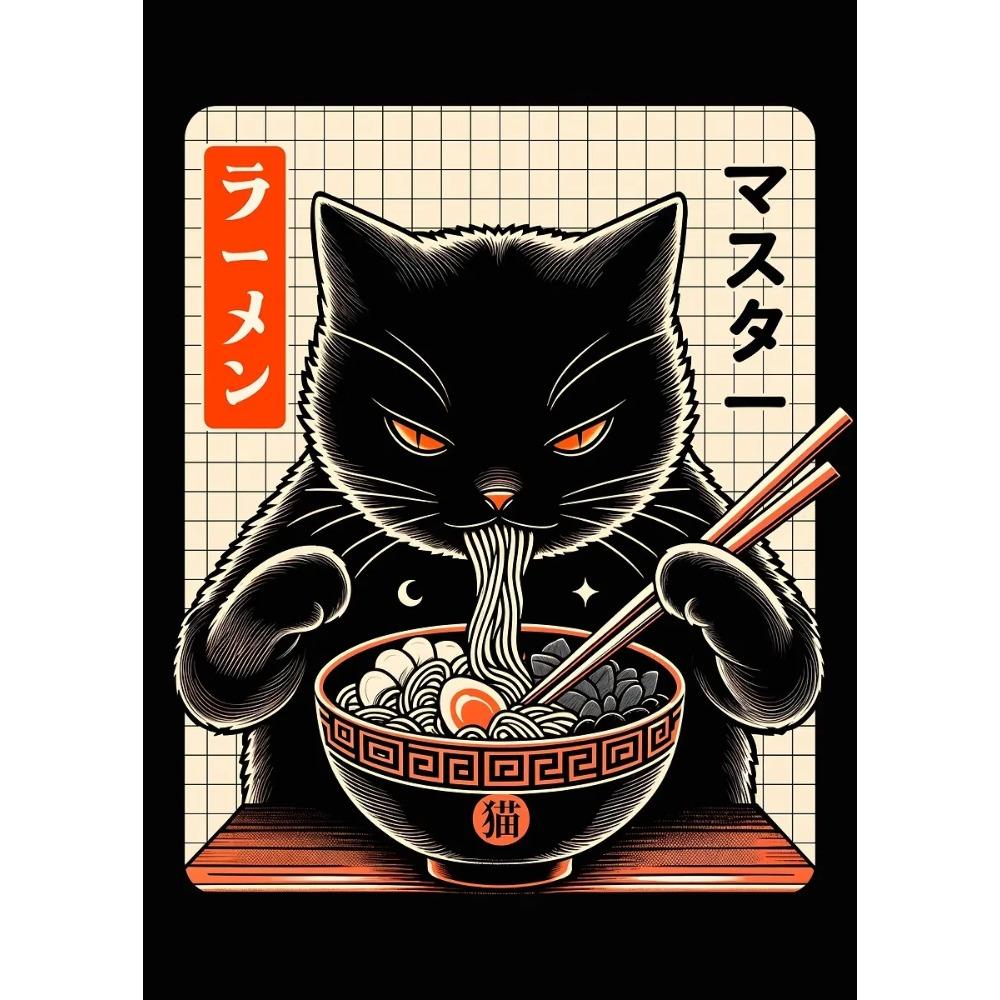 Japanische Katze isst Nudeln Leinwandposter Katze Kaffee Bonjour Mon Amour Küchenwandkunst Drucke für modernes Wohnzimmer Heimdekor