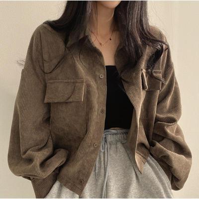 Damen Frühling und Herbst Locker Retro Cordjacke Einfarbig Lässig Bequem Schlichtes Oberteil