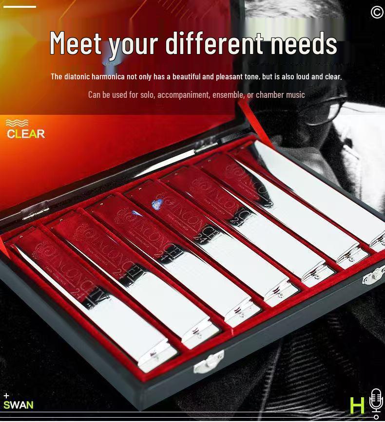 Swan 24-Hole Harmonica Set: 7-Piece and 12-Piece Options, ABCDEFG Keys, for Students and Adults, Beginner Wind Instrument.