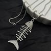 Silver Fish and Bone Necklace with Diamonds, Versatile and Simple Long Coat Chain for Men