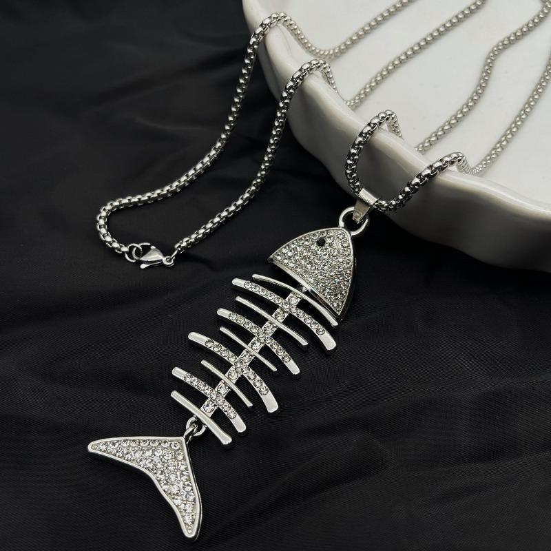 Silver Fish and Bone Necklace with Diamonds, Versatile and Simple Long Coat Chain for Men