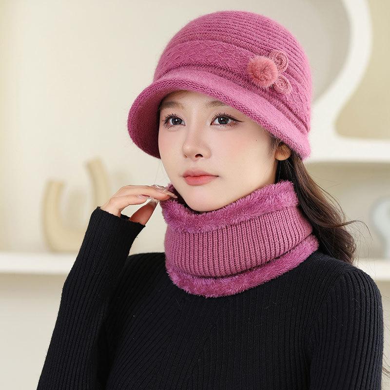 Fleece Warm Hat Ladies Mom Rabbit Plush Fashion Knitted Scarf Basin Hat Winter Grandma Windproof Hat