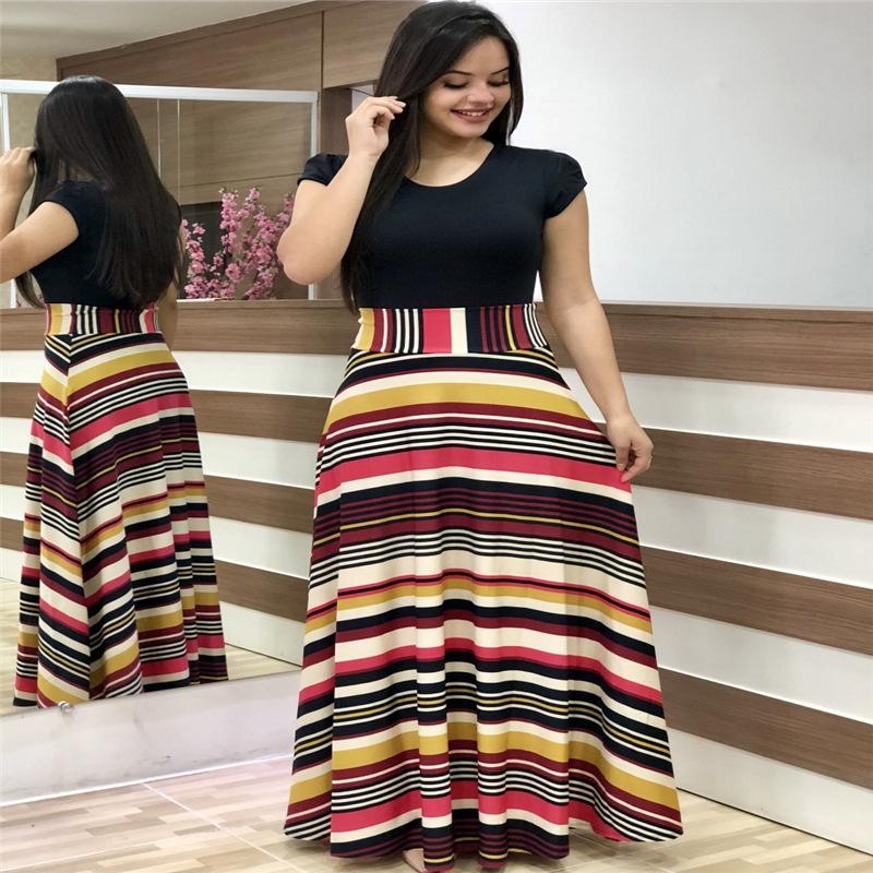 Flower print color matching short-sleeved large-size dress for women