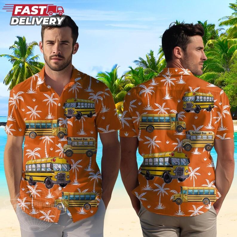 Men's School Bus & Tropical Floral Print Hawaiian Shirt Casual Button Down Short Sleeve Beach Shirts For Summer Holiday
