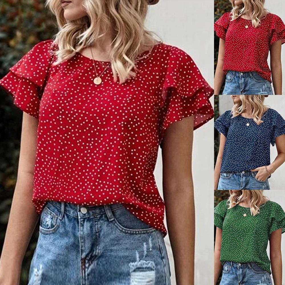 

Женская футболка с рюшами в горошек, летние топы