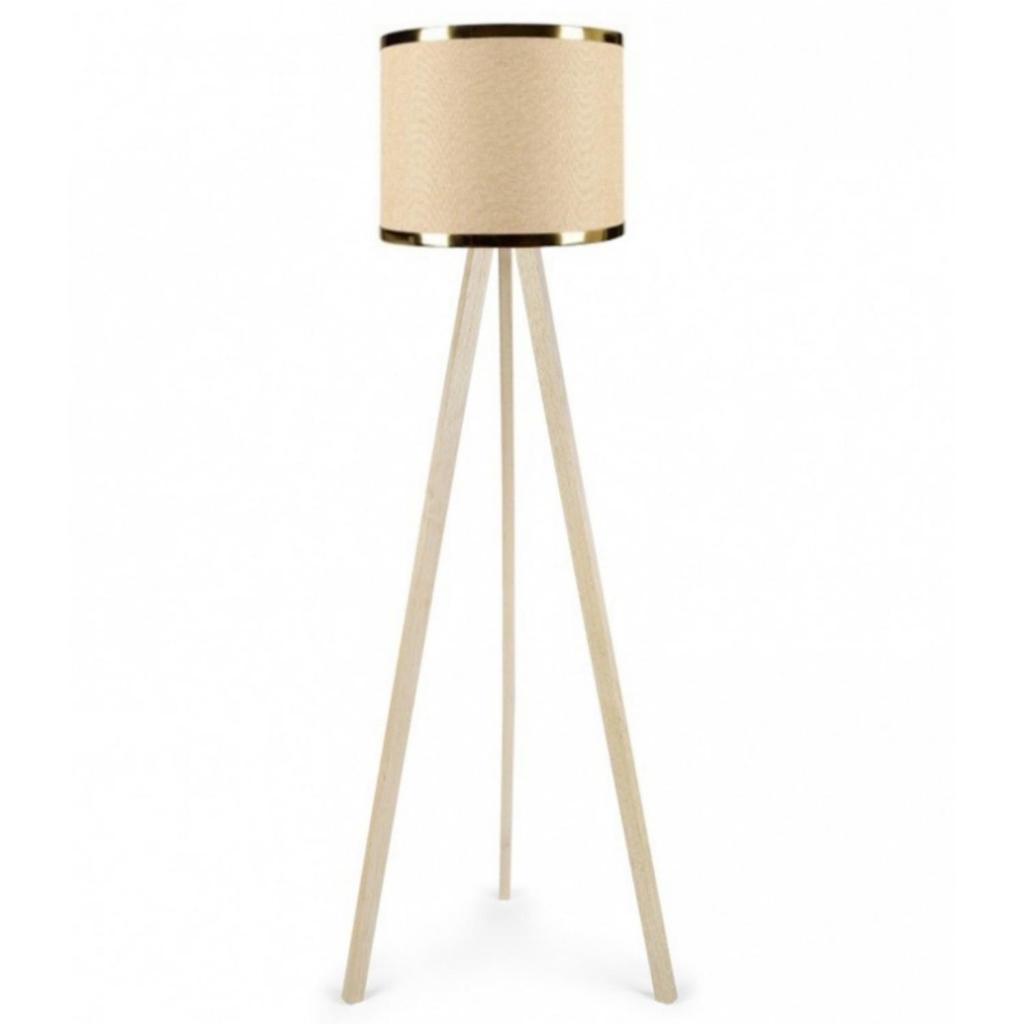 Krem Ahşap Üç Ayaklı Tripod Lambader Bej Kumaş Hazır Başlık Gold Şeritli Köşe Lambası