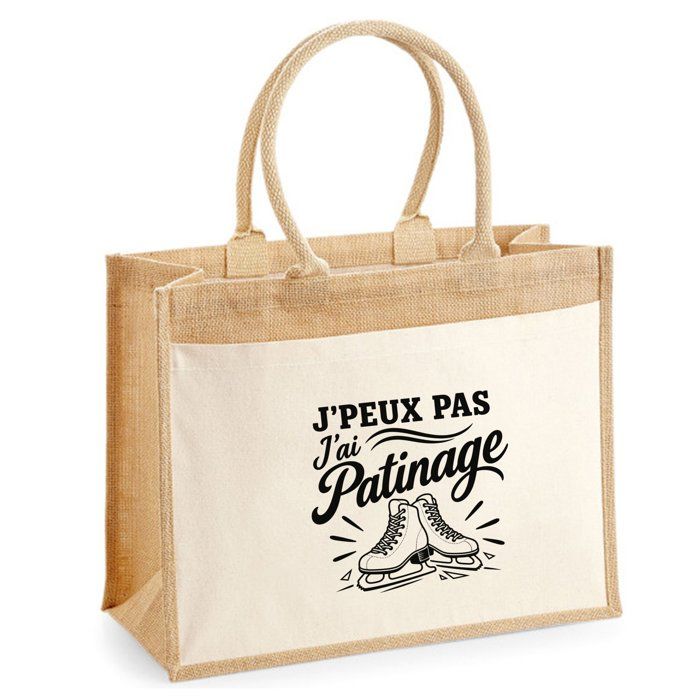 Sac Cabas Jute avec Poche J’peux pas j’ai Patinage J'peux pas minimaliste | Toile de Jute et Coton 21 L Fond Plat Anses 65 cm