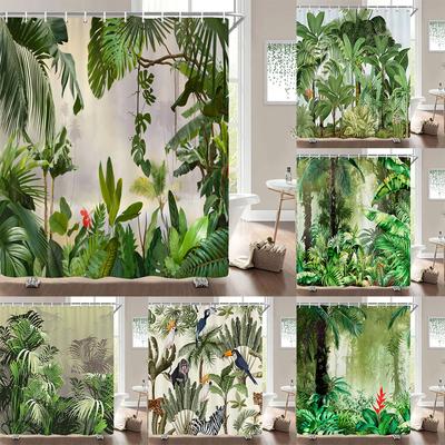 Rideau de Douche Plante Verte Tropicale Tissu Polyester Imperméable Rideau de Bain Décoration Intérieure Feuilles de Palmier Cactus Rideaux de Salle de Bain