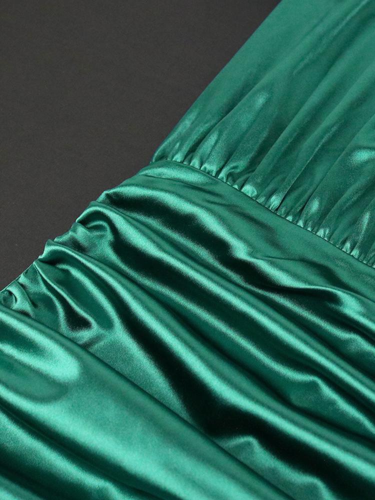 Grüne Plissee-Outfits für Damen, O-Ausschnitt, lange Laternenärmel, Falten, hohe Taille, elegante Damen-Abend-Cocktail-Event-Kleider, Kleid in Übergröße