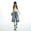 Mode Sommer Zerrissen Verwaschen Dünner Stoff Weiter Bein Locker Gerade Jeans Cropped Capri-Hose Zerstört Gewaschen Vielseitig Schlankmachend Streetwear Hosen