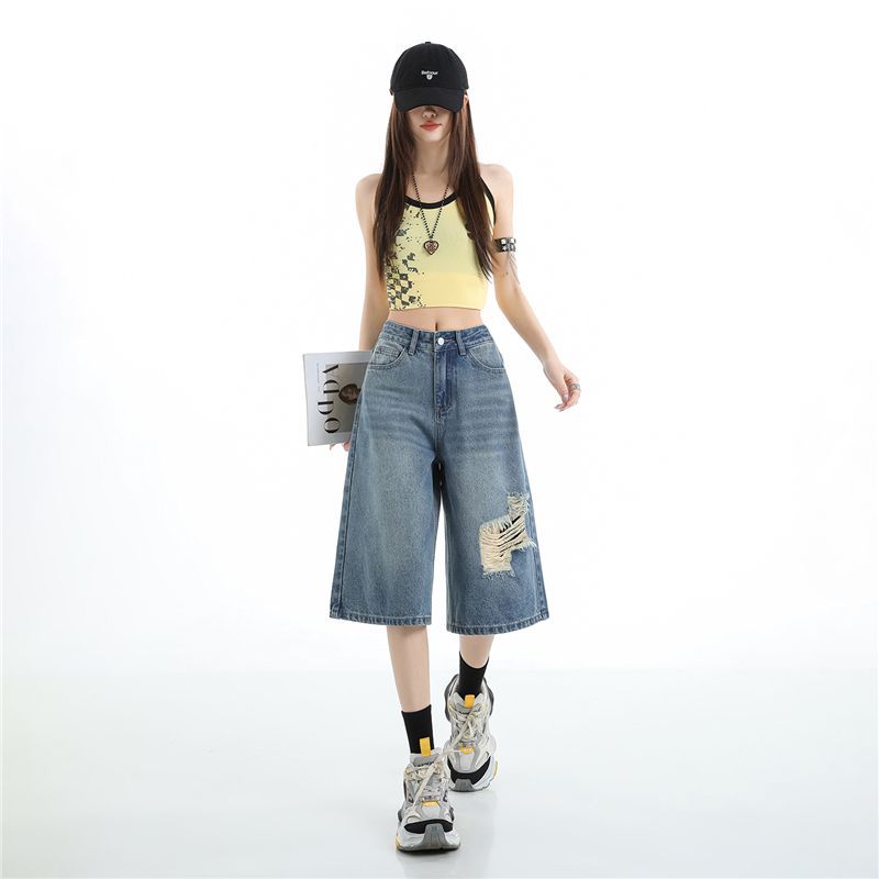 Mode Sommer Zerrissen Verwaschen Dünner Stoff Weiter Bein Locker Gerade Jeans Cropped Capri-Hose Zerstört Gewaschen Vielseitig Schlankmachend Streetwear Hosen