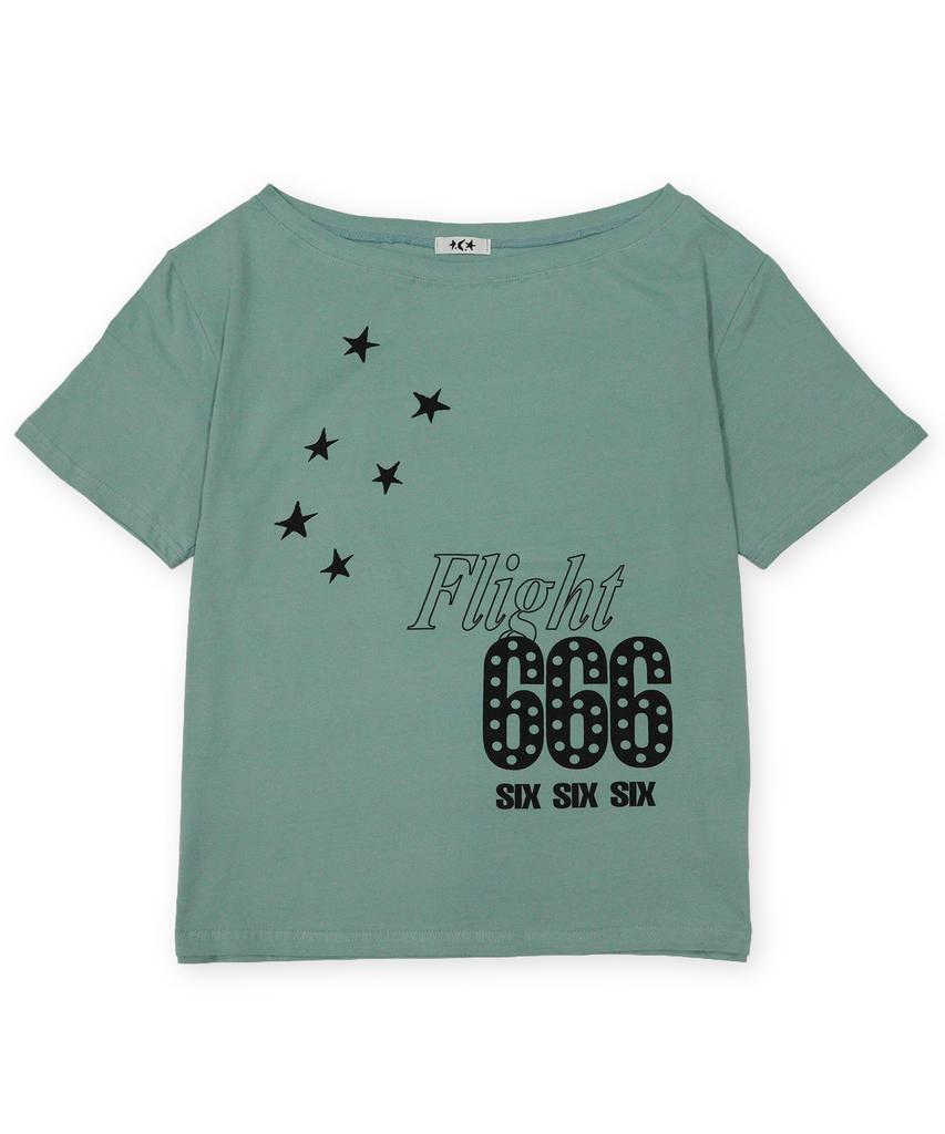 DEFYCLUBROBBERS Flight 666 One Off-Shoulder Boat Neck Short Sleeve T-Shirt (Mint)