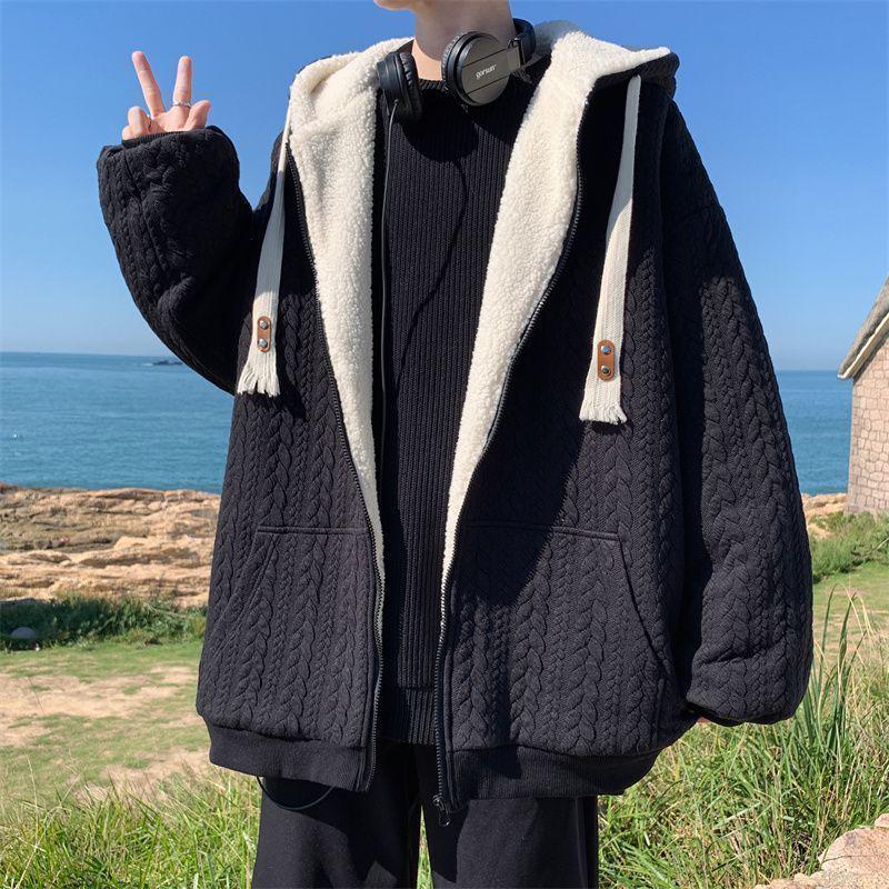 Men's Trendy Lambswool Jacquard Winter Coat - Warm Hooded Plush Cotton Jacket for Teens