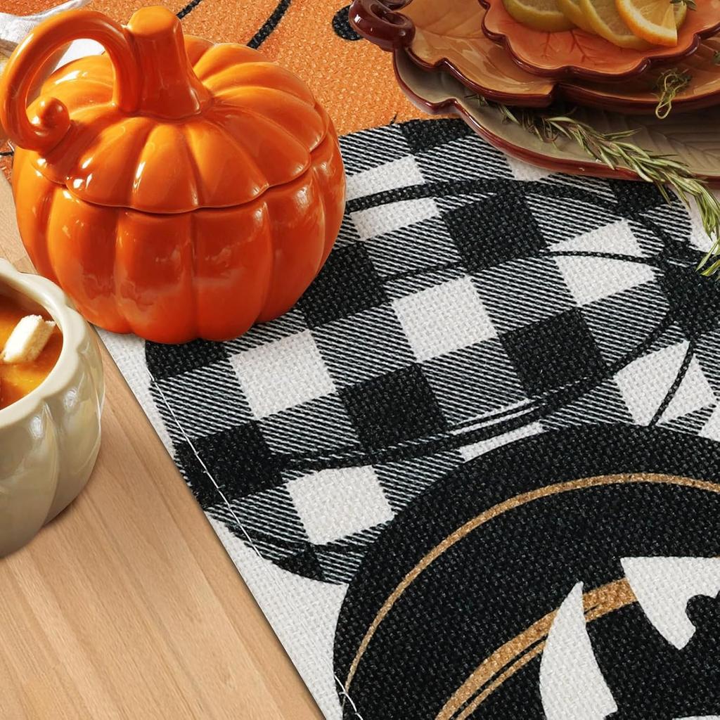 Bonhause Pumpkin Halloween Table Runner 13x60 Inch Jack-O-Lantern Black Cat Bat Spooky Kitchen Dinning Table Decoration for Fall Indoor Outdoor Home
